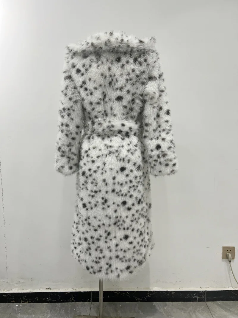 Faux Fur Jackets Women Print Long Coat Lapel Elegant Lace Up Cardigan Thick Jacket Loose Warm Jacket Autumn Winter 2025