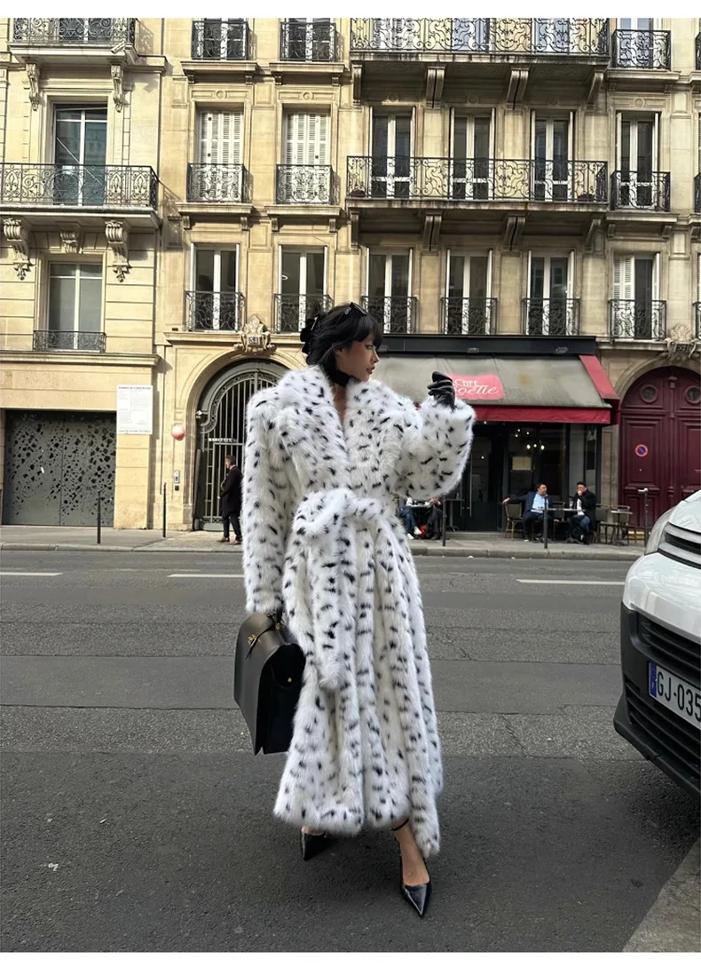 Faux Fur Jackets Women Print Long Coat Lapel Elegant Lace Up Cardigan Thick Jacket Loose Warm Jacket Autumn Winter 2025
