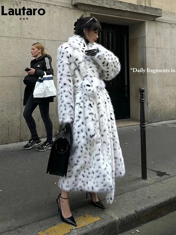 Faux Fur Jackets Women Print Long Coat Lapel Elegant Lace Up Cardigan Thick Jacket Loose Warm Jacket Autumn Winter 2025