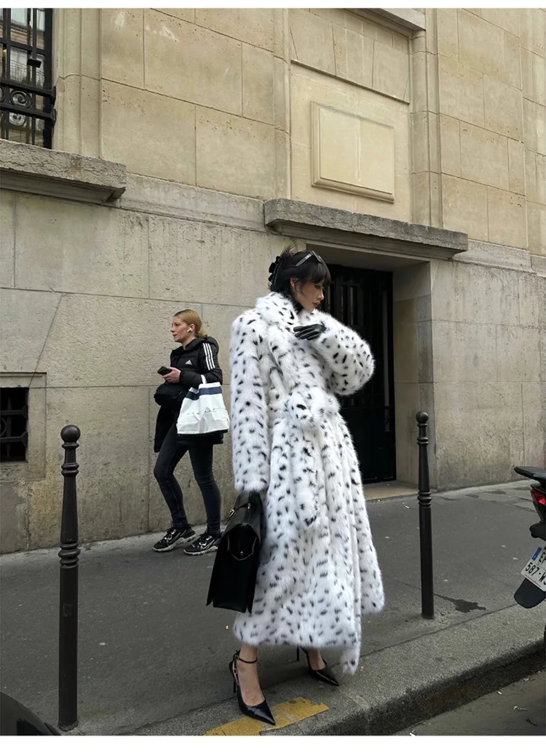 Faux Fur Jackets Women Print Long Coat Lapel Elegant Lace Up Cardigan Thick Jacket Loose Warm Jacket Autumn Winter 2025