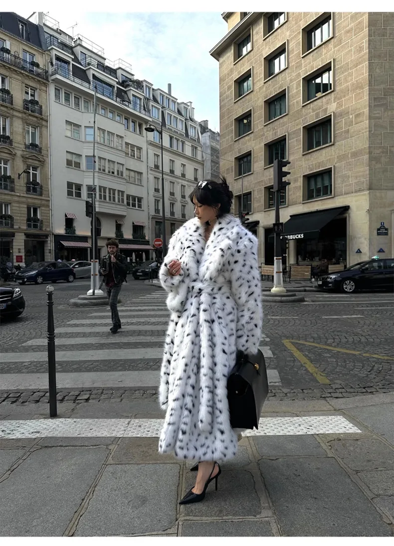 Faux Fur Jackets Women Print Long Coat Lapel Elegant Lace Up Cardigan Thick Jacket Loose Warm Jacket Autumn Winter 2025