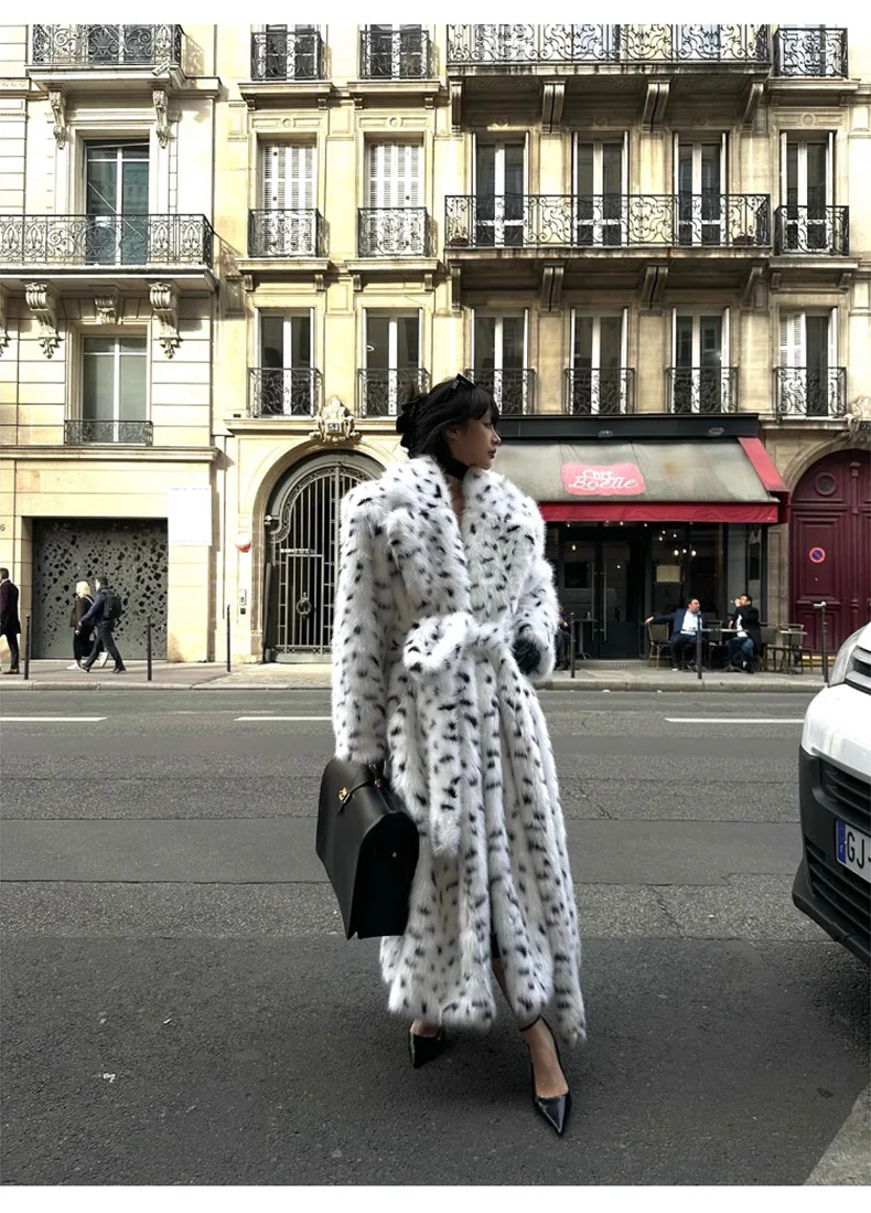 Faux Fur Jackets Women Print Long Coat Lapel Elegant Lace Up Cardigan Thick Jacket Loose Warm Jacket Autumn Winter 2025