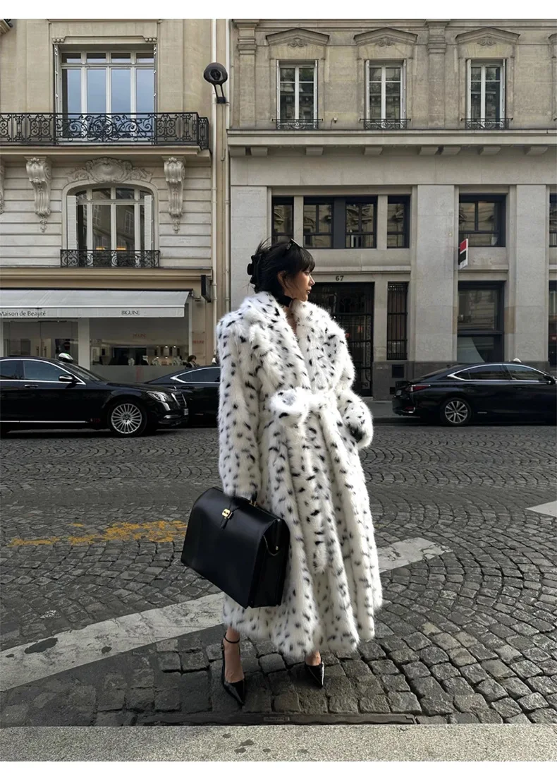 Faux Fur Jackets Women Print Long Coat Lapel Elegant Lace Up Cardigan Thick Jacket Loose Warm Jacket Autumn Winter 2025