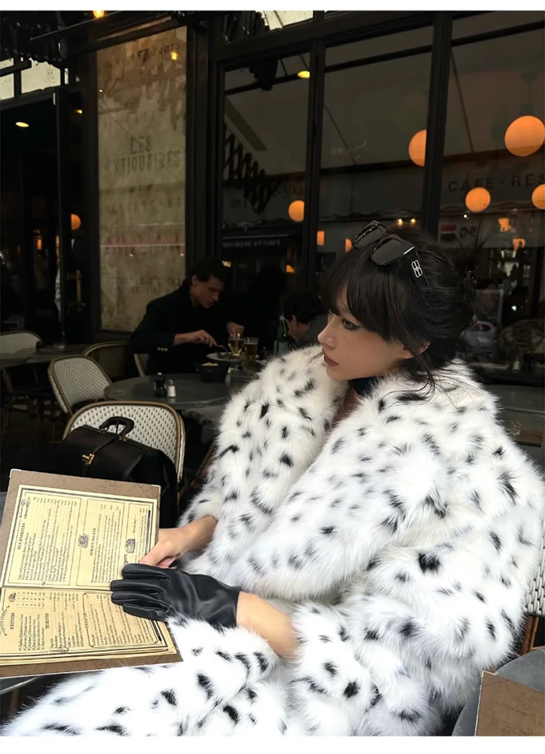 Faux Fur Jackets Women Print Long Coat Lapel Elegant Lace Up Cardigan Thick Jacket Loose Warm Jacket Autumn Winter 2025