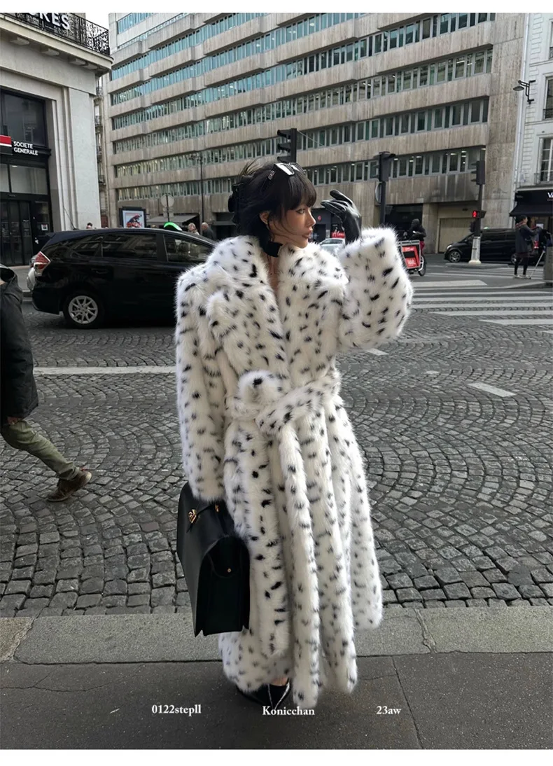 Faux Fur Jackets Women Print Long Coat Lapel Elegant Lace Up Cardigan Thick Jacket Loose Warm Jacket Autumn Winter 2025