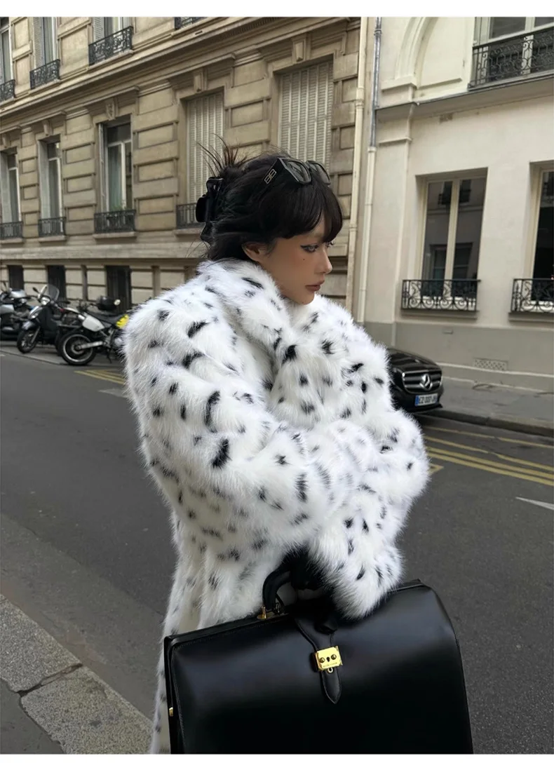 Faux Fur Jackets Women Print Long Coat Lapel Elegant Lace Up Cardigan Thick Jacket Loose Warm Jacket Autumn Winter 2025