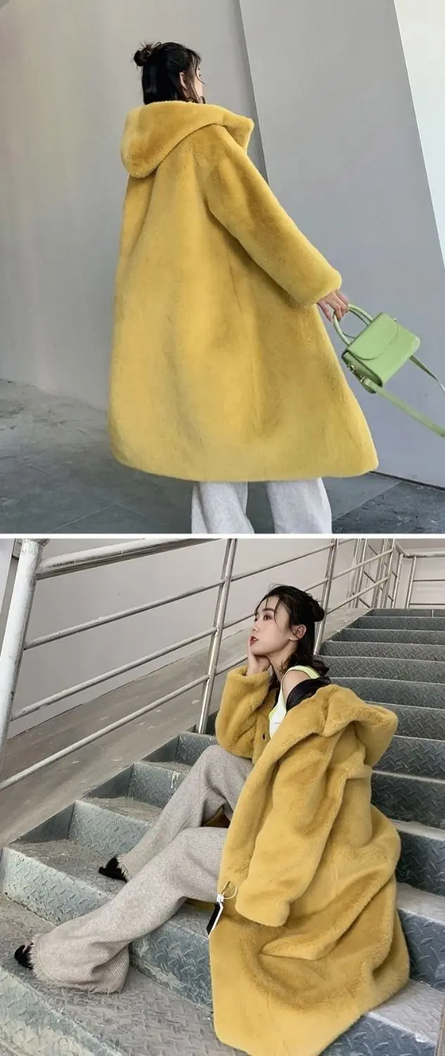 2025 New Winter Warm Hooded Fur Coat Faux Temperament Elegance Women For Coat Imitation Rex Rabbit Fur Women Fox Fur Coat H462