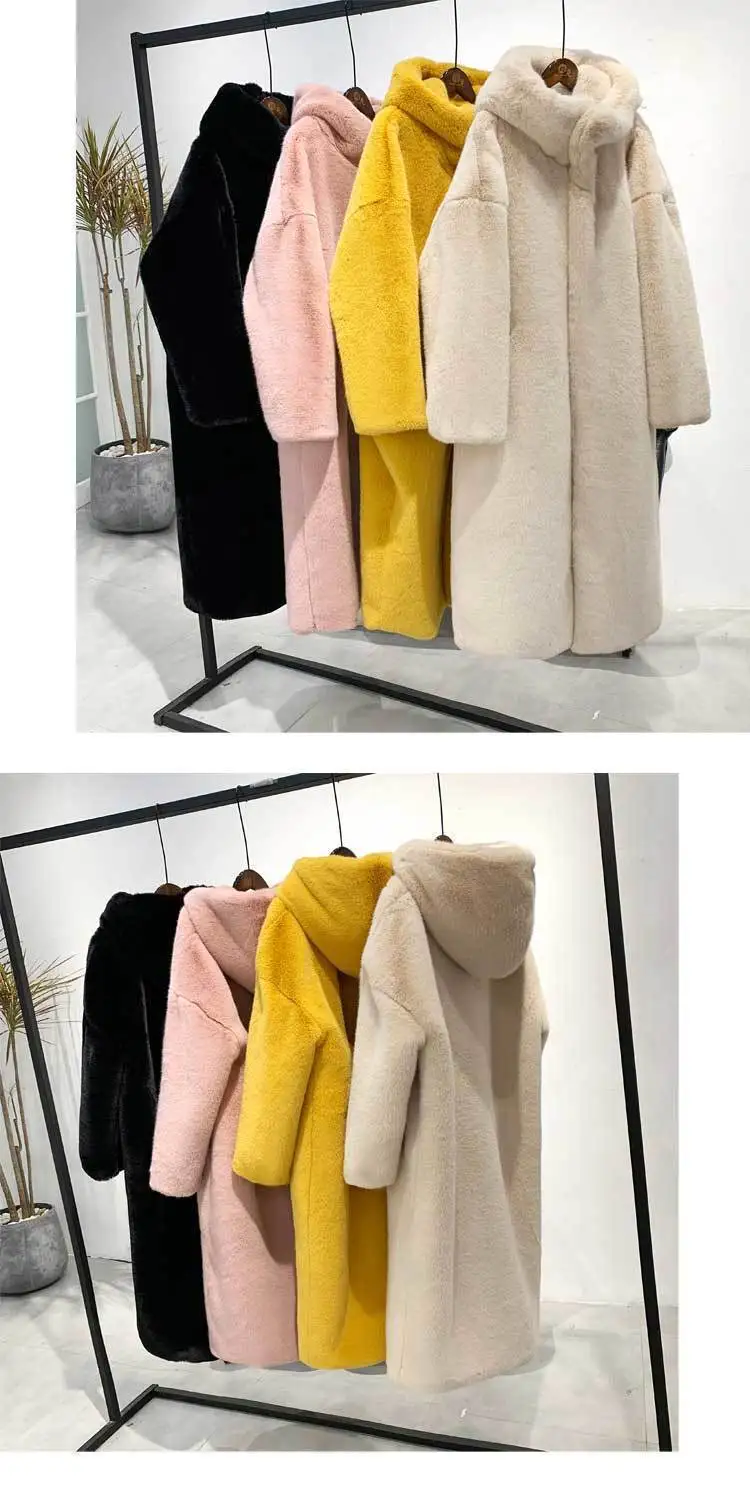 2025 New Winter Warm Hooded Fur Coat Faux Temperament Elegance Women For Coat Imitation Rex Rabbit Fur Women Fox Fur Coat H462