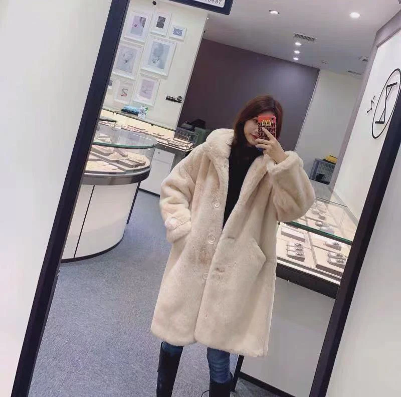 2021 New Winter Women Faux Rabbit Fur Coat Loose Long Fur Coat Large size Hooded OverCoat Thick Warm Female Plush Coats