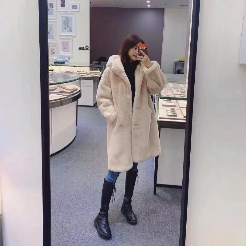 2021 New Winter Women Faux Rabbit Fur Coat Loose Long Fur Coat Large size Hooded OverCoat Thick Warm Female Plush Coats