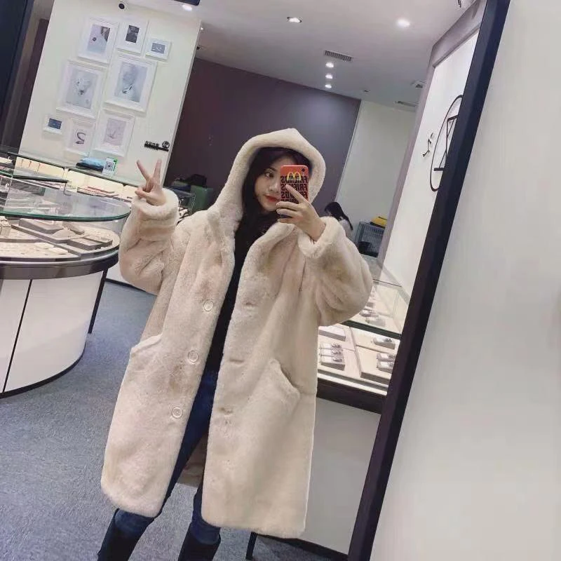 2021 New Winter Women Faux Rabbit Fur Coat Loose Long Fur Coat Large size Hooded OverCoat Thick Warm Female Plush Coats