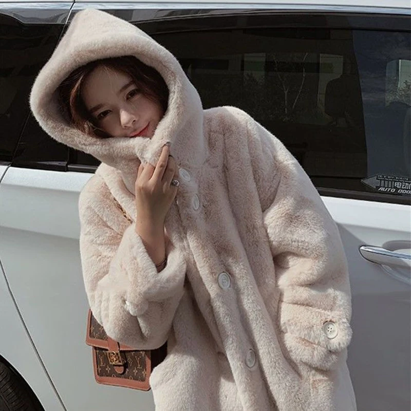 2021 New Winter Women Faux Rabbit Fur Coat Loose Long Fur Coat Large size Hooded OverCoat Thick Warm Female Plush Coats