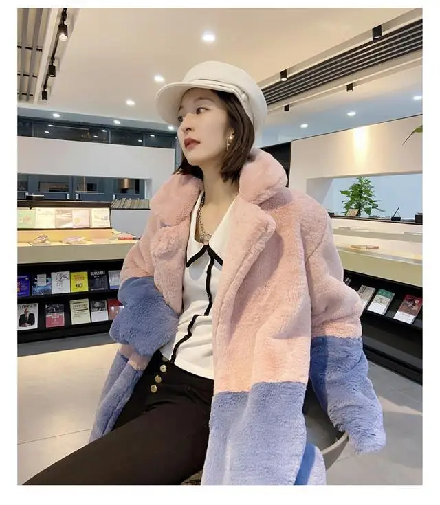 Luxury Faux Rabbit Fur Coats Fluffy Women's Two Tone Furry Long Overcoat Ladies Jacket Plus Size 5XL Thick Warm Loose Plush Coat