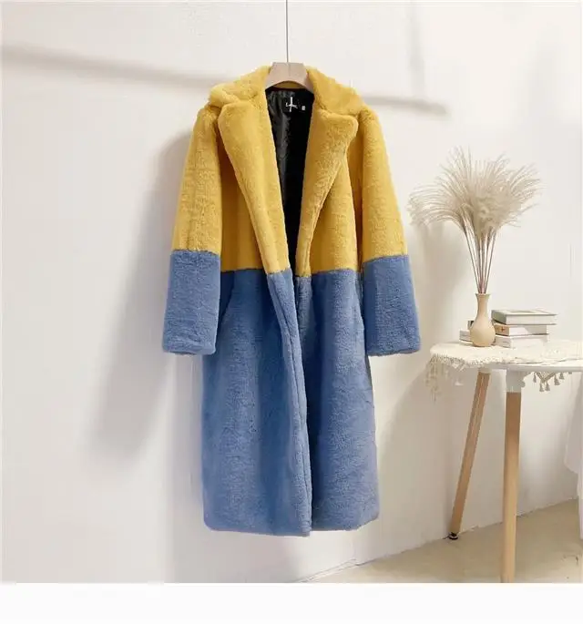 Luxury Faux Rabbit Fur Coats Fluffy Women's Two Tone Furry Long Overcoat Ladies Jacket Plus Size 5XL Thick Warm Loose Plush Coat