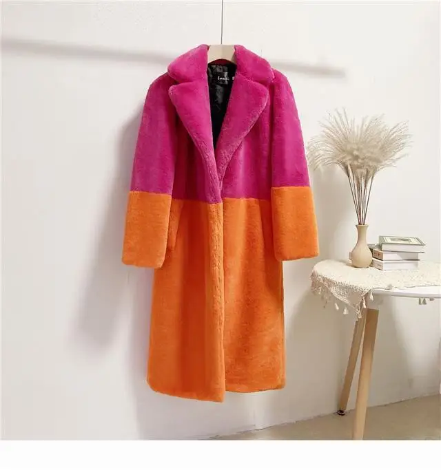 Luxury Faux Rabbit Fur Coats Fluffy Women's Two Tone Furry Long Overcoat Ladies Jacket Plus Size 5XL Thick Warm Loose Plush Coat