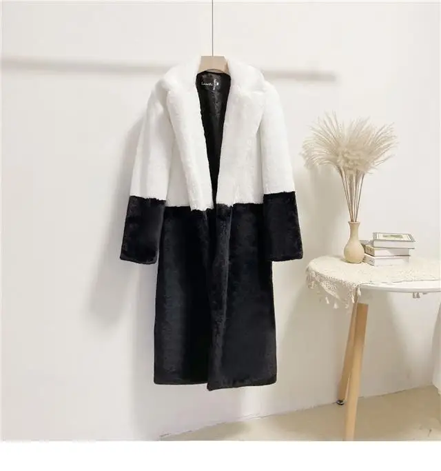 Luxury Faux Rabbit Fur Coats Fluffy Women's Two Tone Furry Long Overcoat Ladies Jacket Plus Size 5XL Thick Warm Loose Plush Coat