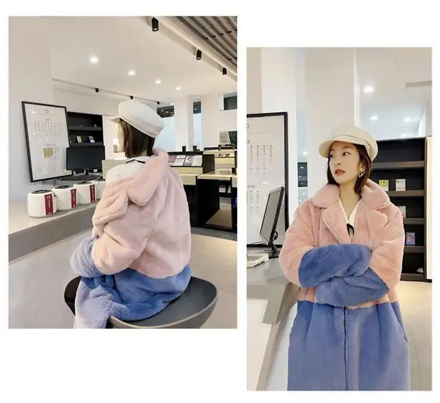 Luxury Faux Rabbit Fur Coats Fluffy Women's Two Tone Furry Long Overcoat Ladies Jacket Plus Size 5XL Thick Warm Loose Plush Coat