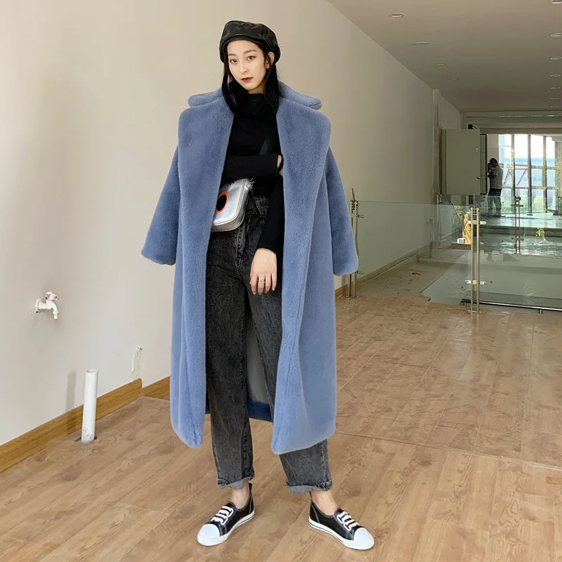 Luxury Faux Rabbit Fur Coats Fluffy Women's Two Tone Furry Long Overcoat Ladies Jacket Plus Size 5XL Thick Warm Loose Plush Coat
