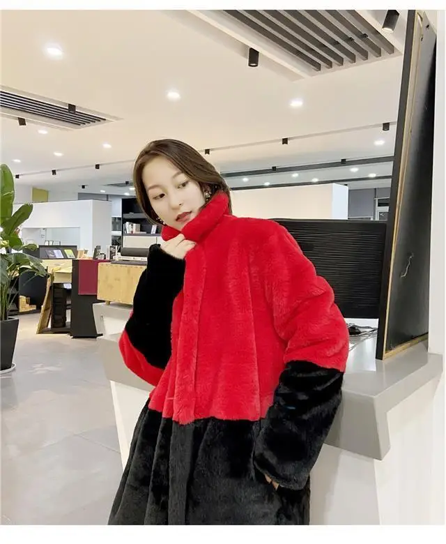 Luxury Faux Rabbit Fur Coats Fluffy Women's Two Tone Furry Long Overcoat Ladies Jacket Plus Size 5XL Thick Warm Loose Plush Coat