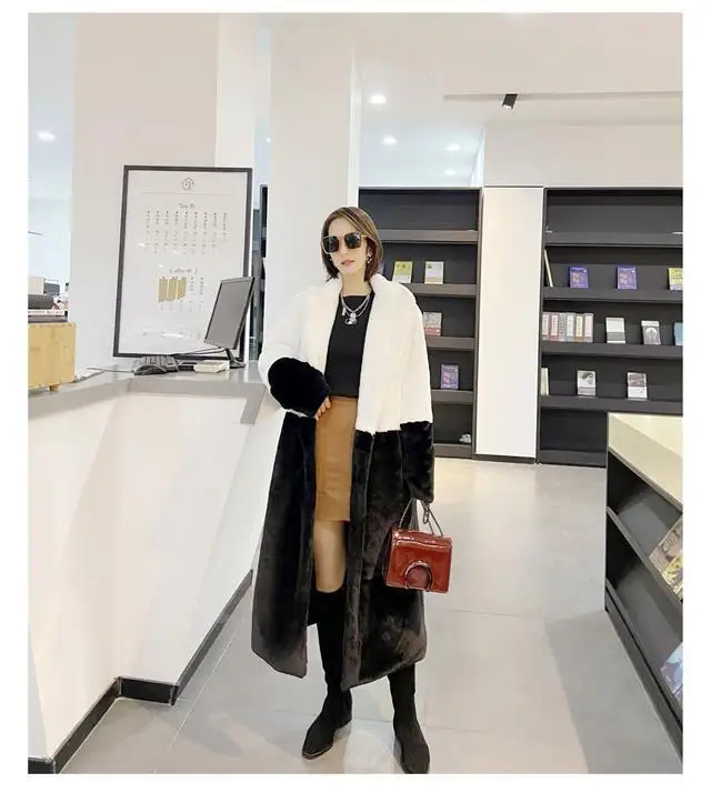 Luxury Faux Rabbit Fur Coats Fluffy Women's Two Tone Furry Long Overcoat Ladies Jacket Plus Size 5XL Thick Warm Loose Plush Coat