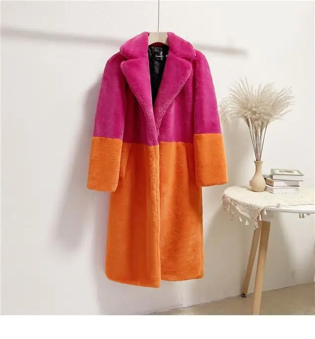 Luxury Faux Rabbit Fur Coats Fluffy Women's Two Tone Furry Long Overcoat Ladies Jacket Plus Size 5XL Thick Warm Loose Plush Coat