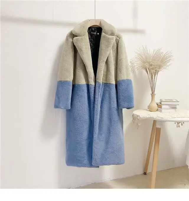 Luxury Faux Rabbit Fur Coats Fluffy Women's Two Tone Furry Long Overcoat Ladies Jacket Plus Size 5XL Thick Warm Loose Plush Coat