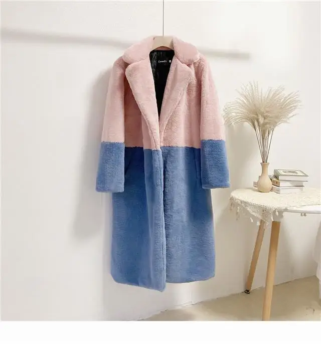 Luxury Faux Rabbit Fur Coats Fluffy Women's Two Tone Furry Long Overcoat Ladies Jacket Plus Size 5XL Thick Warm Loose Plush Coat