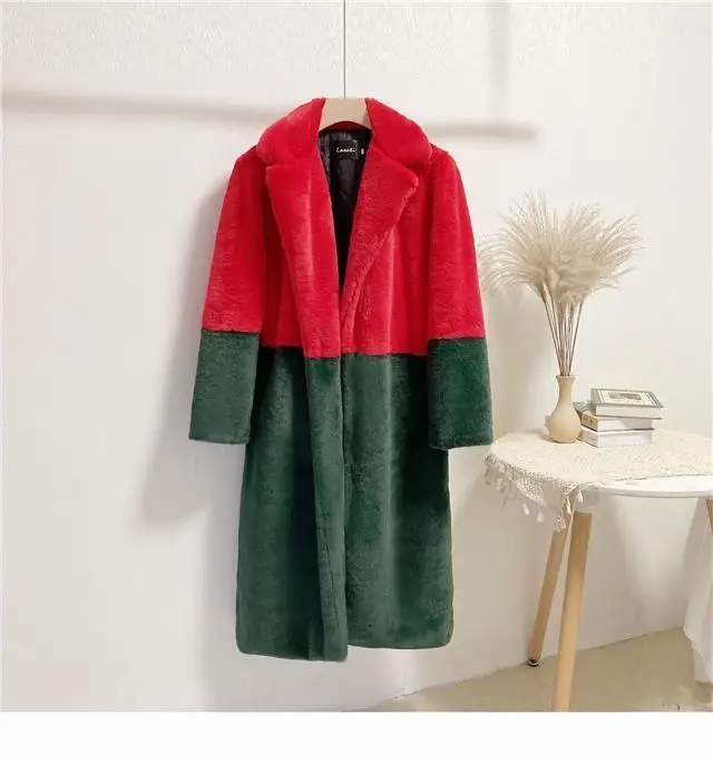 Luxury Faux Rabbit Fur Coats Fluffy Women's Two Tone Furry Long Overcoat Ladies Jacket Plus Size 5XL Thick Warm Loose Plush Coat