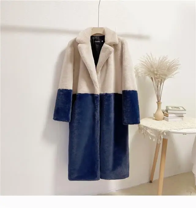 Luxury Faux Rabbit Fur Coats Fluffy Women's Two Tone Furry Long Overcoat Ladies Jacket Plus Size 5XL Thick Warm Loose Plush Coat