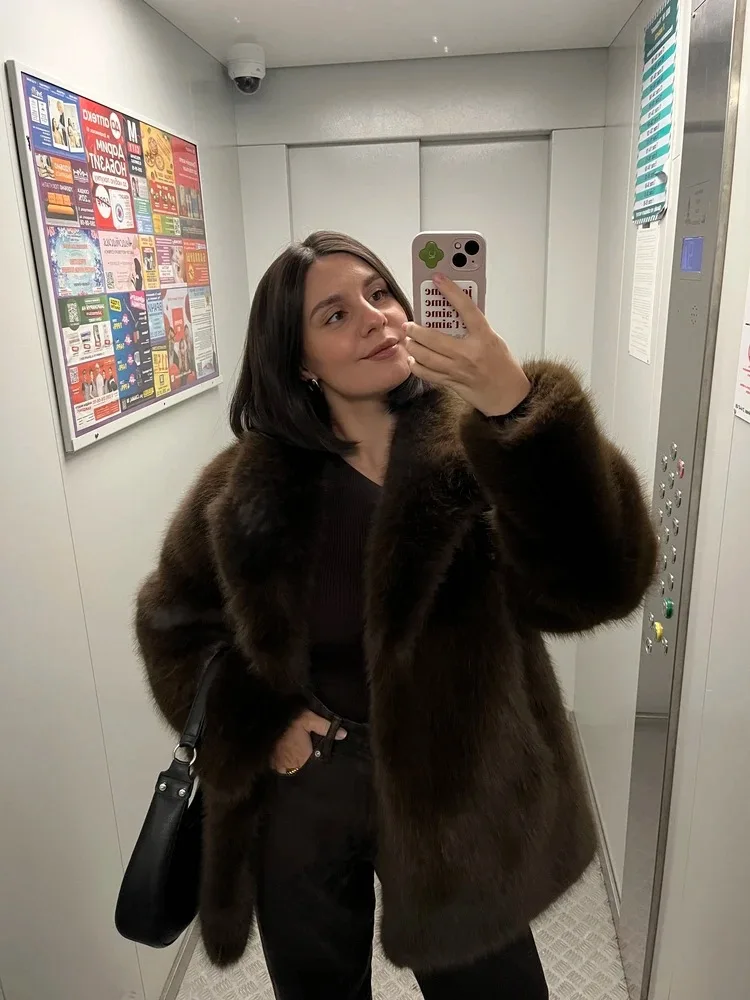 New Winter Faux Fur Coat Street Fashion Soft Smooth Fox Fur Jacket With Waist Belt Warm Thick Brand Luxury Plush Overcoat