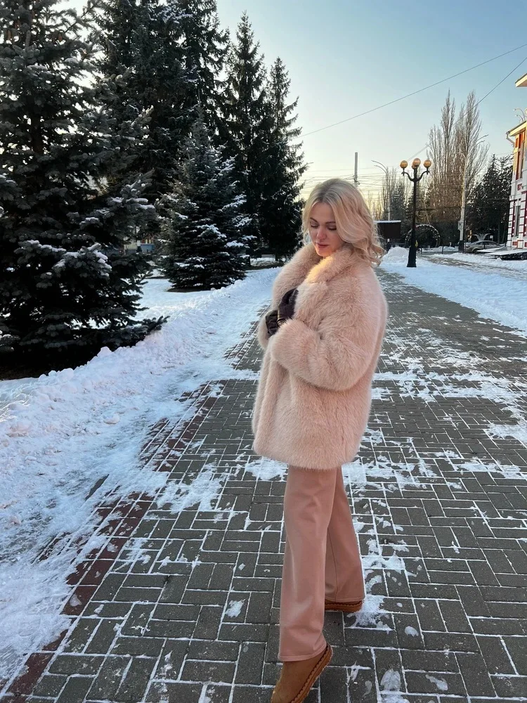 New Winter Faux Fur Coat Street Fashion Soft Smooth Fox Fur Jacket With Waist Belt Warm Thick Brand Luxury Plush Overcoat