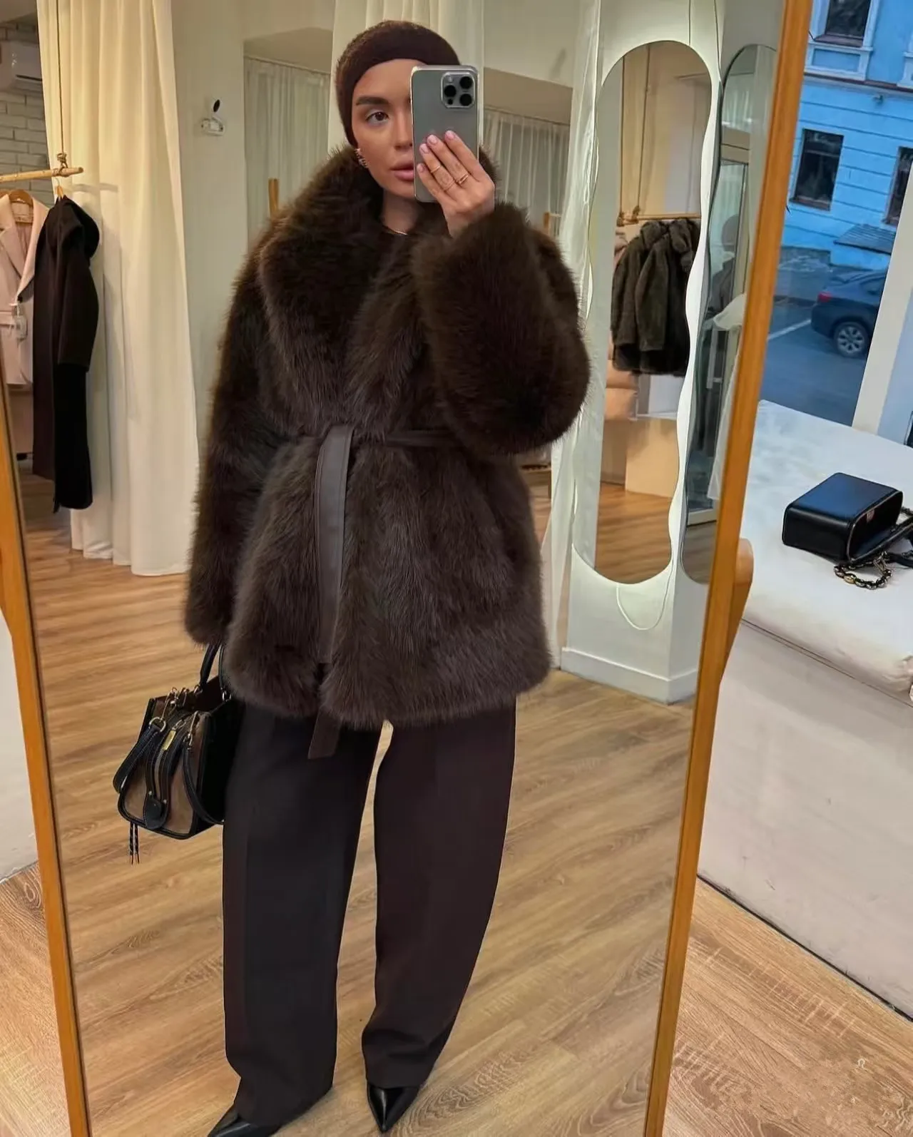 New Winter Faux Fur Coat Street Fashion Soft Smooth Fox Fur Jacket With Waist Belt Warm Thick Brand Luxury Plush Overcoat