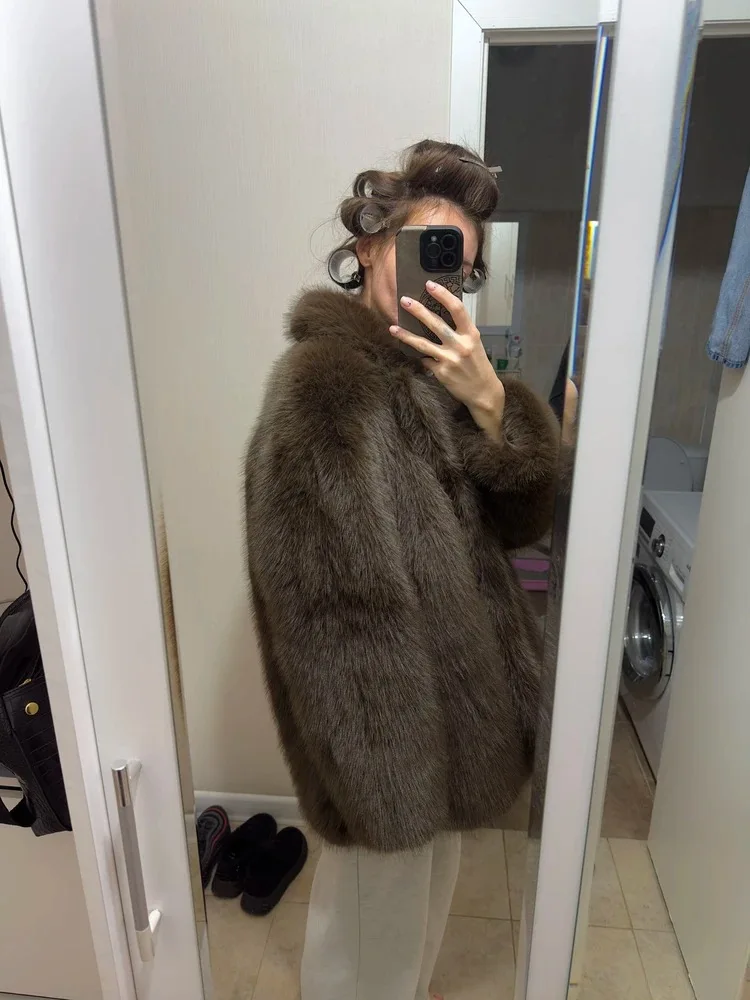 New Winter Faux Fur Coat Street Fashion Soft Smooth Fox Fur Jacket With Waist Belt Warm Thick Brand Luxury Plush Overcoat