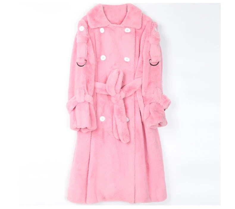 Nerazzurri Long Warm Thick Soft Fluffy Faux Fur Trench Coat for Women 2022 Double Breasted Pink White Green Winter Fashion Belt