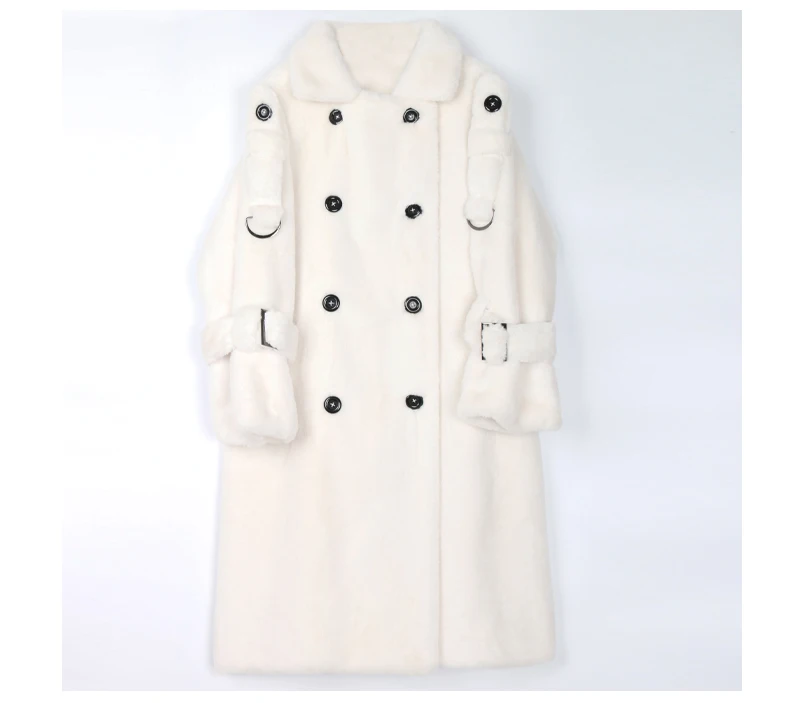 Nerazzurri Long Warm Thick Soft Fluffy Faux Fur Trench Coat for Women 2022 Double Breasted Pink White Green Winter Fashion Belt