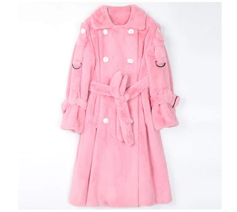 Nerazzurri Long Warm Thick Soft Fluffy Faux Fur Trench Coat for Women 2022 Double Breasted Pink White Green Winter Fashion Belt