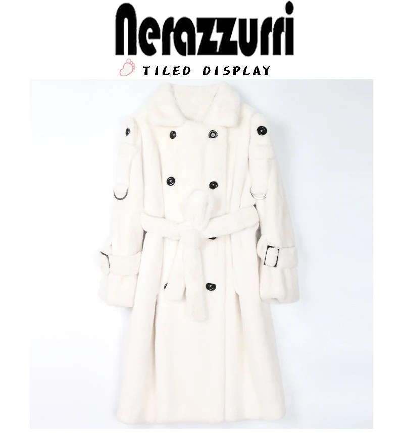 Nerazzurri Long Warm Thick Soft Fluffy Faux Fur Trench Coat for Women 2022 Double Breasted Pink White Green Winter Fashion Belt