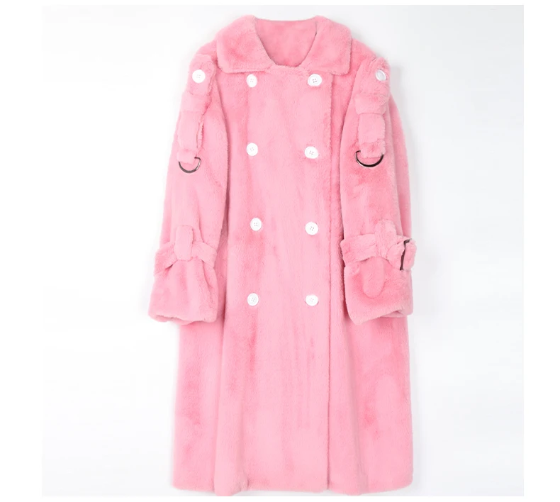 Nerazzurri Long Warm Thick Soft Fluffy Faux Fur Trench Coat for Women 2022 Double Breasted Pink White Green Winter Fashion Belt