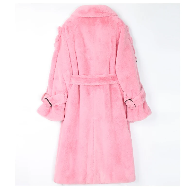 Nerazzurri Long Warm Thick Soft Fluffy Faux Fur Trench Coat for Women 2022 Double Breasted Pink White Green Winter Fashion Belt