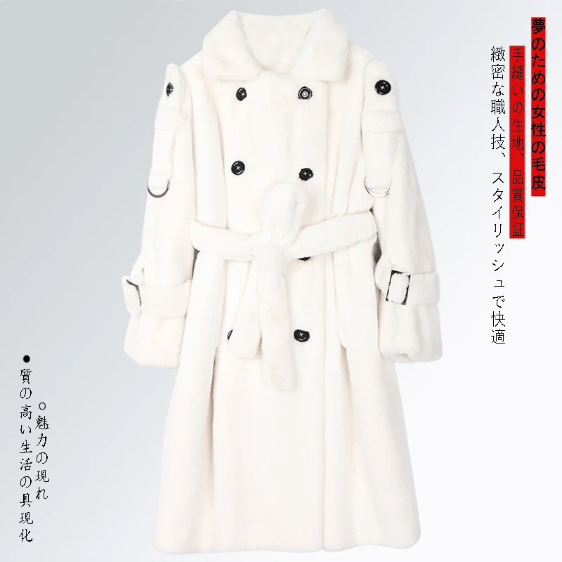 Nerazzurri Long Warm Thick Soft Fluffy Faux Fur Trench Coat for Women 2022 Double Breasted Pink White Green Winter Fashion Belt