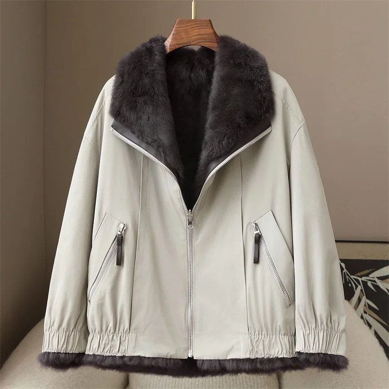 2025 High-quality Real Rabbit Hair Fur Parka Women's Autumn Winter Outdoor Coat Two-sided Wear Jacket Loose Outerwear Streetwear