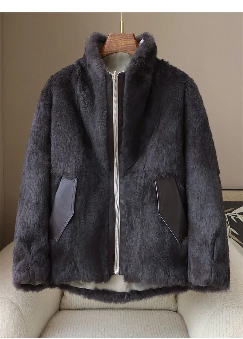 2025 High-quality Real Rabbit Hair Fur Parka Women's Autumn Winter Outdoor Coat Two-sided Wear Jacket Loose Outerwear Streetwear