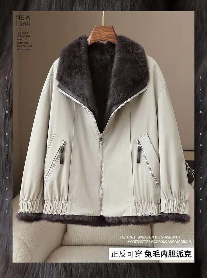 2025 High-quality Real Rabbit Hair Fur Parka Women's Autumn Winter Outdoor Coat Two-sided Wear Jacket Loose Outerwear Streetwear