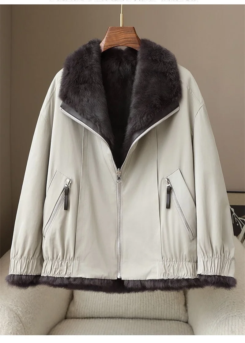 2025 High-quality Real Rabbit Hair Fur Parka Women's Autumn Winter Outdoor Coat Two-sided Wear Jacket Loose Outerwear Streetwear