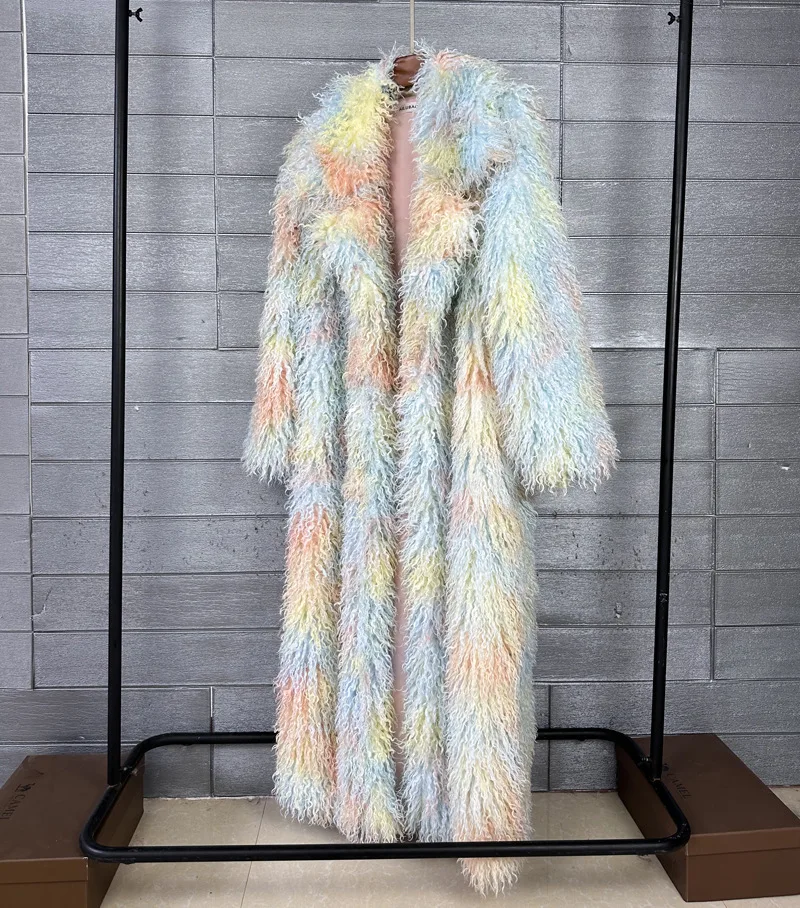 LANMREM Trendy Women's Faux Fur Coat Printed Colorful Furry Coats Autumn Winter Chic Suit Collar Thick Long Overcoat 2DB5840