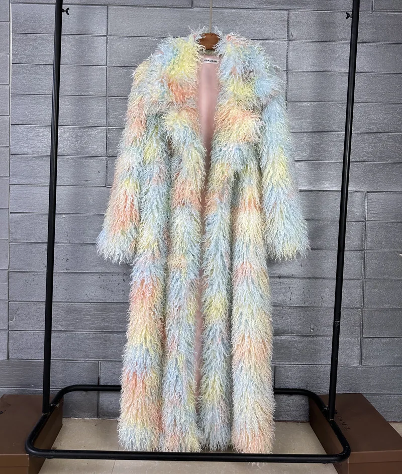 LANMREM Trendy Women's Faux Fur Coat Printed Colorful Furry Coats Autumn Winter Chic Suit Collar Thick Long Overcoat 2DB5840