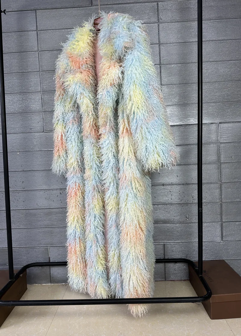 LANMREM Trendy Women's Faux Fur Coat Printed Colorful Furry Coats Autumn Winter Chic Suit Collar Thick Long Overcoat 2DB5840