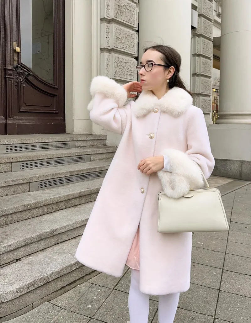 Trendix Elegant Faux Fur Collar Coat Women Winter Slim Patchwork Pocket Warm Trench Street Casual Long Faux Fox Fur Outerwear