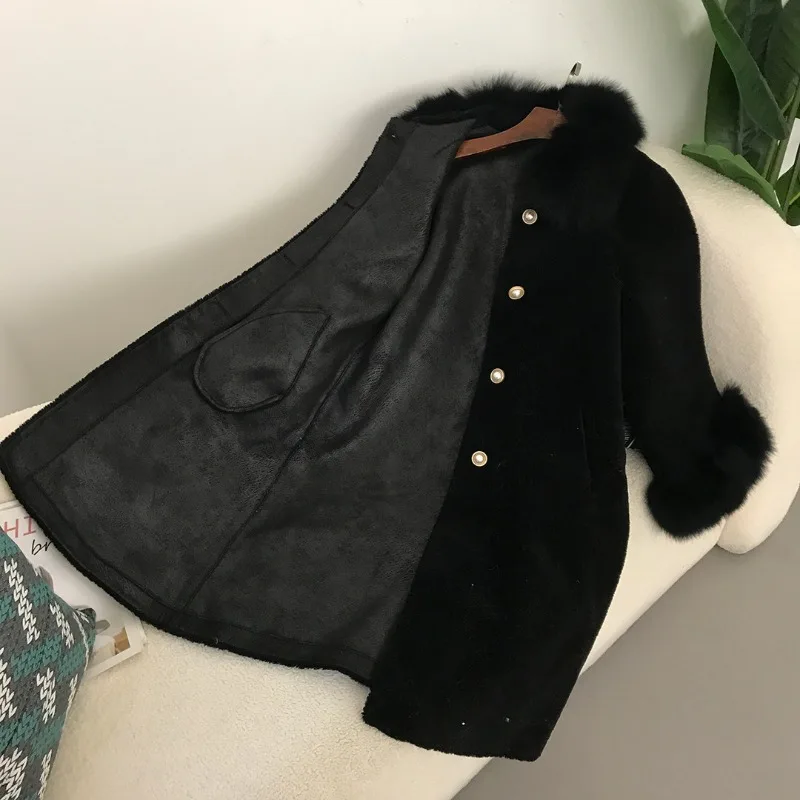 Trendix Elegant Faux Fur Collar Coat Women Winter Slim Patchwork Pocket Warm Trench Street Casual Long Faux Fox Fur Outerwear