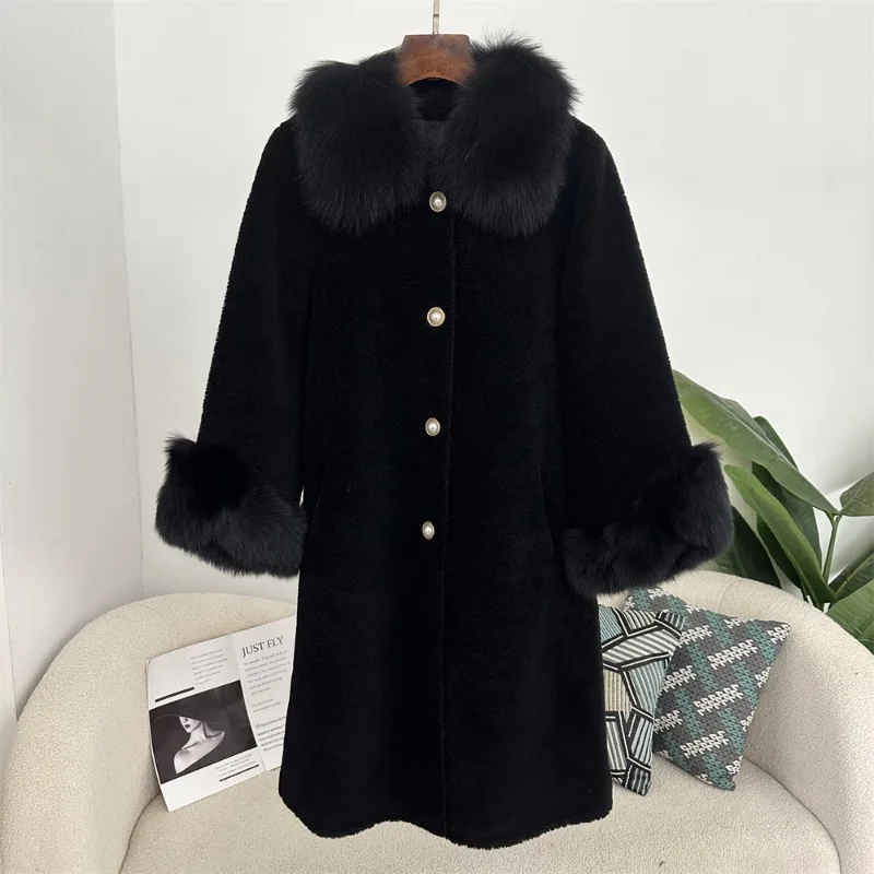Trendix Elegant Faux Fur Collar Coat Women Winter Slim Patchwork Pocket Warm Trench Street Casual Long Faux Fox Fur Outerwear